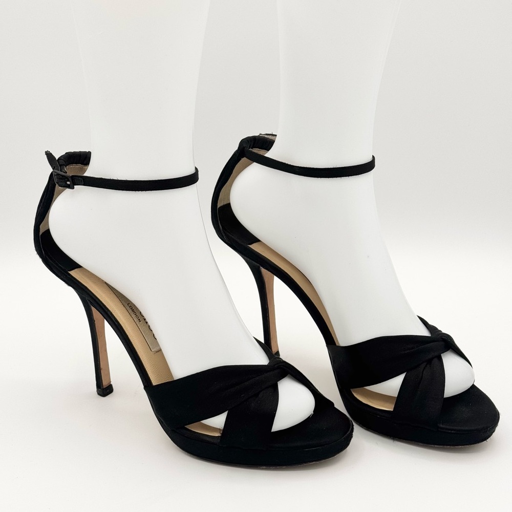 Jimmy Choo Black Satin Stiletto Heels with Ankle Strap